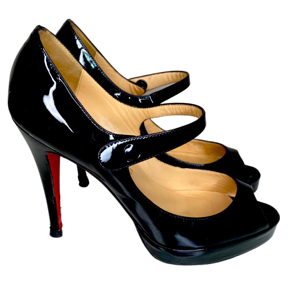 Christian Louboutin Black Patent Leather Zeppa Peep Toe Mary Jane Pumps Size 38